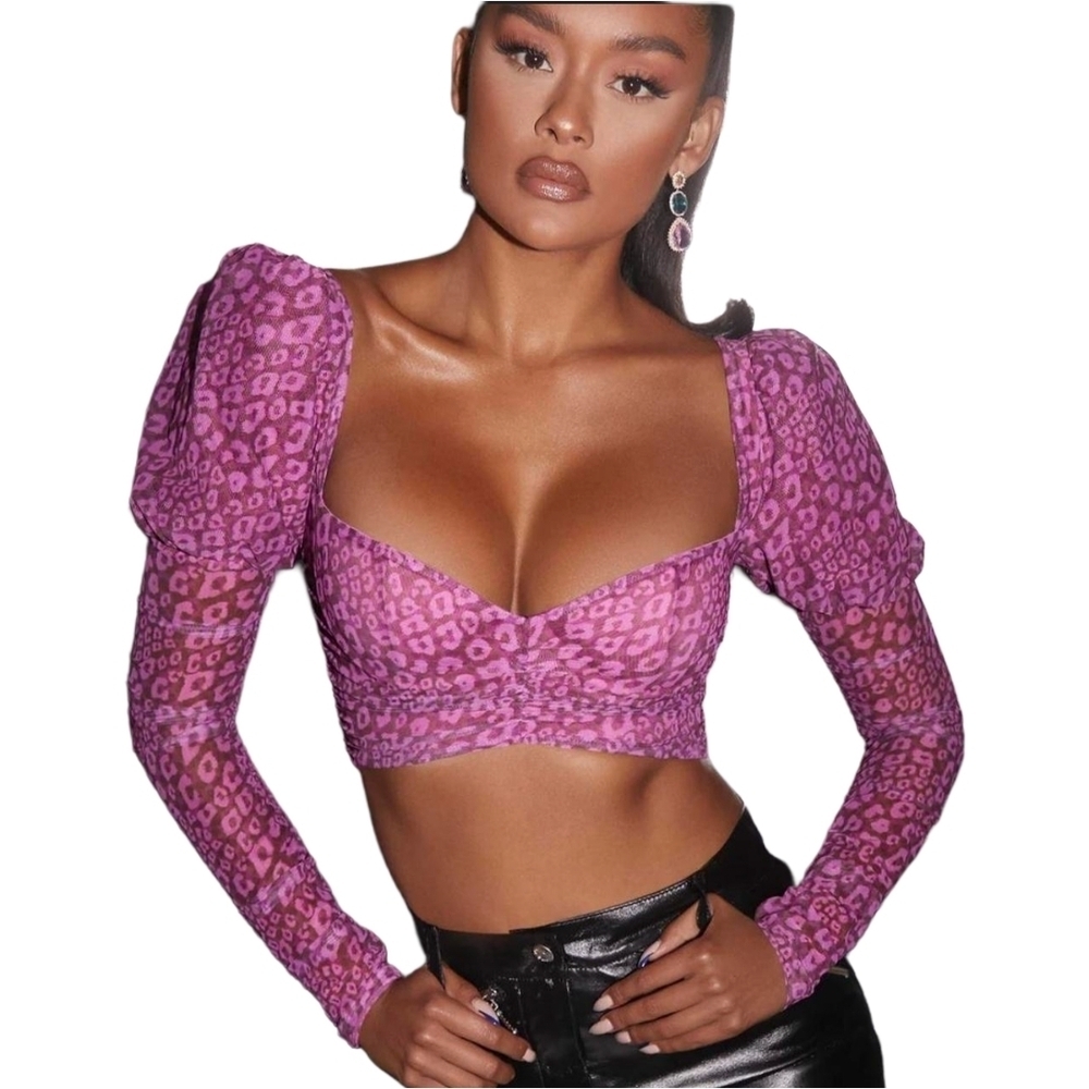 Oh Polly Catwalk Purple Pink Leopard Print Puff Shoulder Mesh Crop Top Size 0